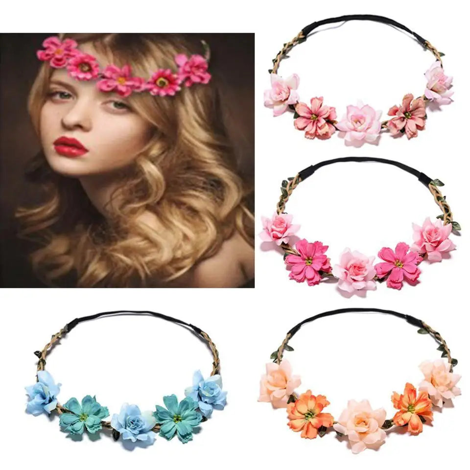 Bride Flower Crown Hairband Rope Wedding Floral Headband Garland Girl Wreath Elastic Hair Accessories Party Cosplay Headpiece