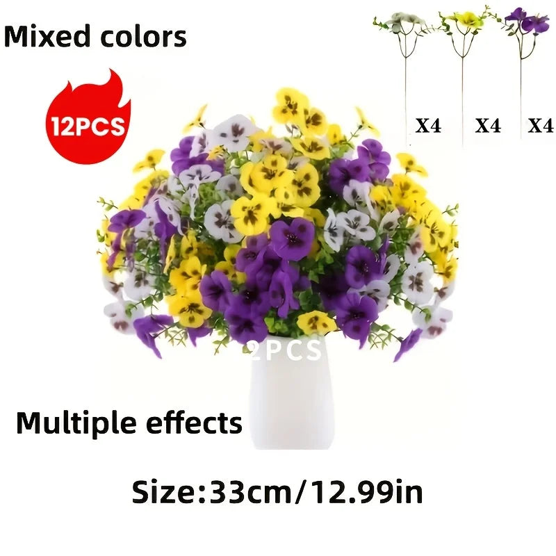 12pc Artificial Pansy Flowers Spring Flower for Outside Planter Front Door Porch Yard Patio Window Box Home Outdoor Garden Decor